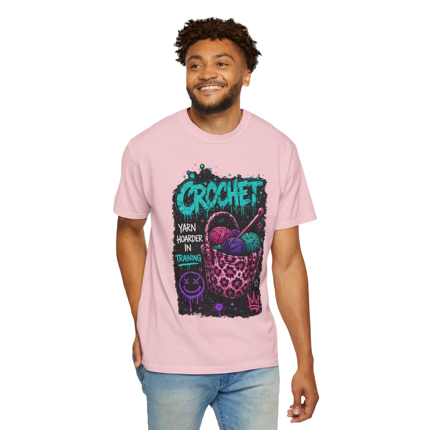 Crochet Crewneck T‑Shirt — "Yarn Harder in Training" Graphic
