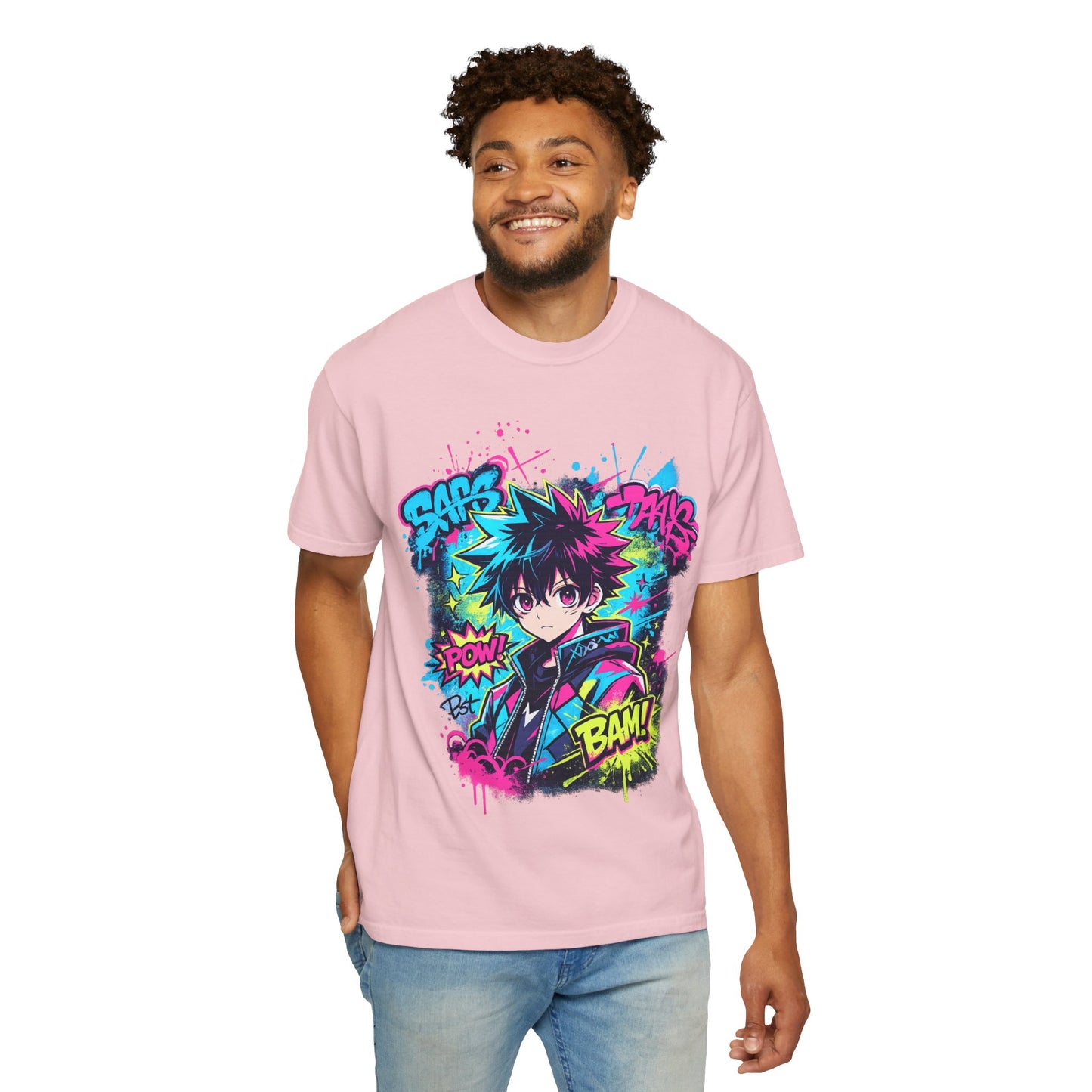 Anime Comic Boy Graphic T-Shirt — Neon Manga "BAM!" Design