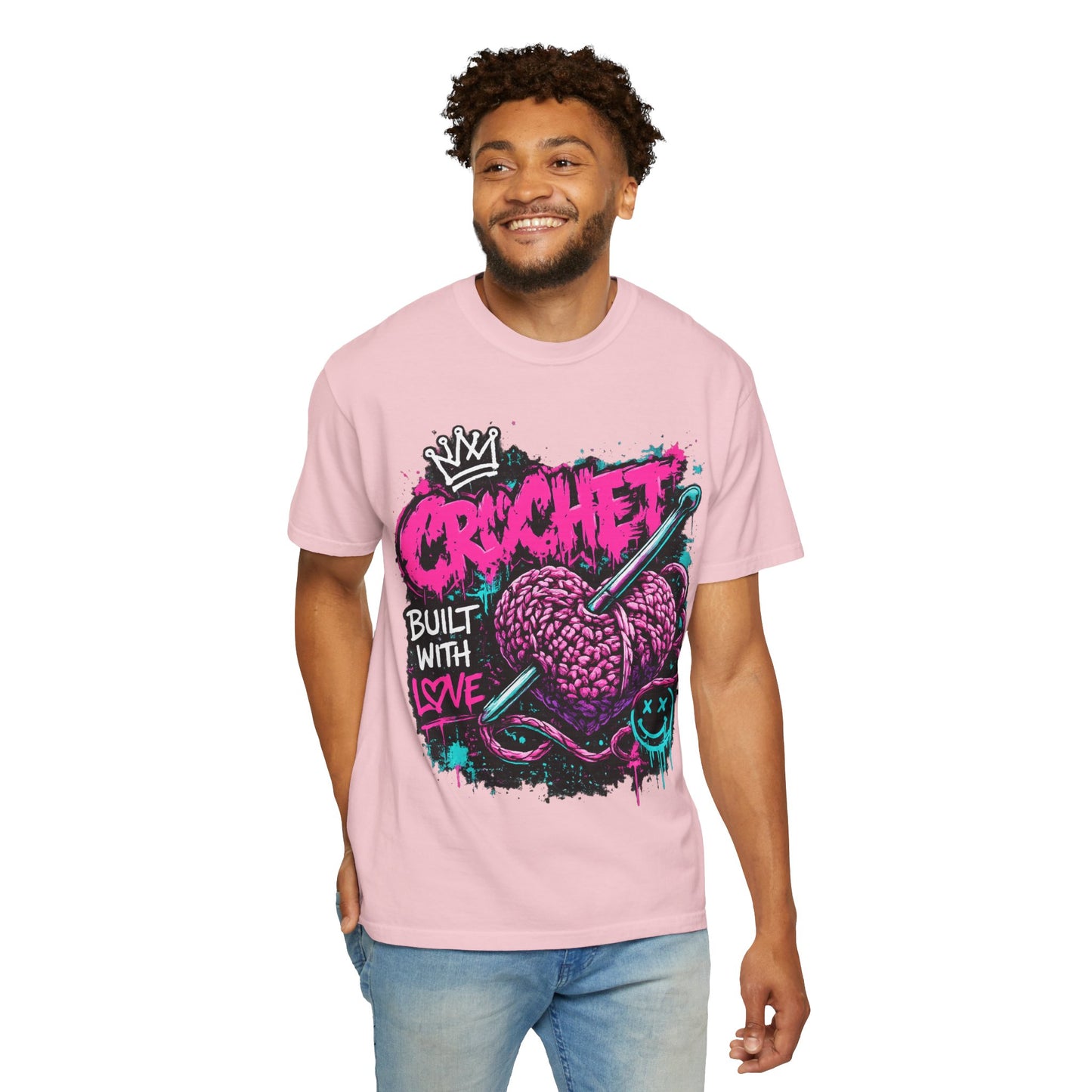 Crochet Built With Love T-Shirt — Retro Graffiti Heart Crochet Tee