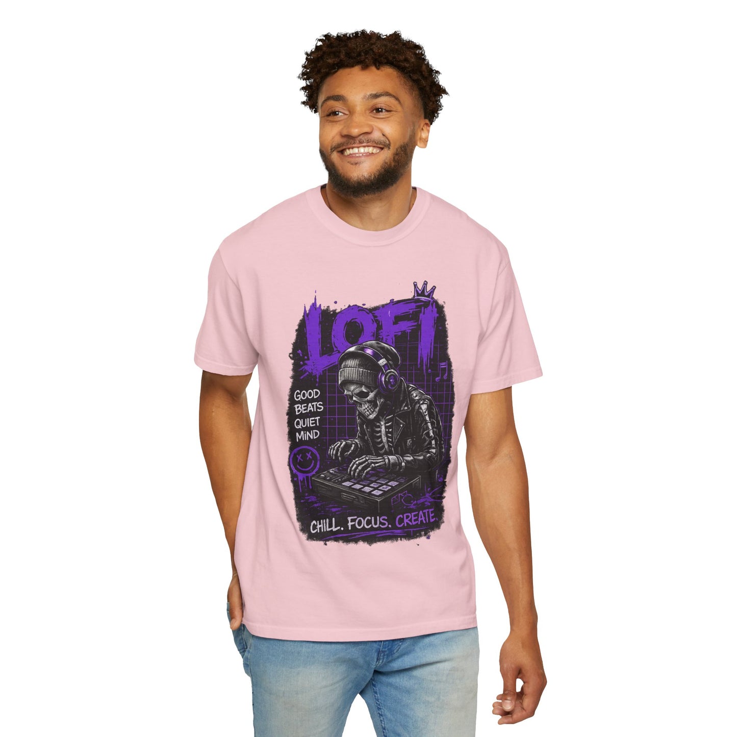LoFi Skull DJ T-Shirt — "Chill. Focus. Create." Music Graphic Tee for Creators