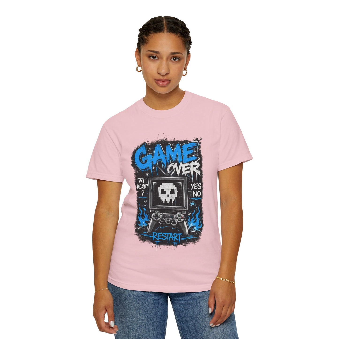 Game Over Skull Console controller T-Shirt | Restart pixel gaming tee