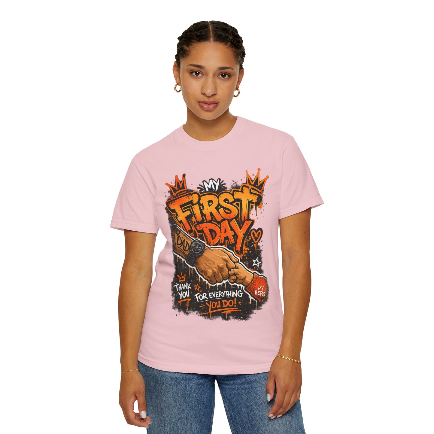My First Day graphic T-shirt | Thank You Dad, hand shake illustration