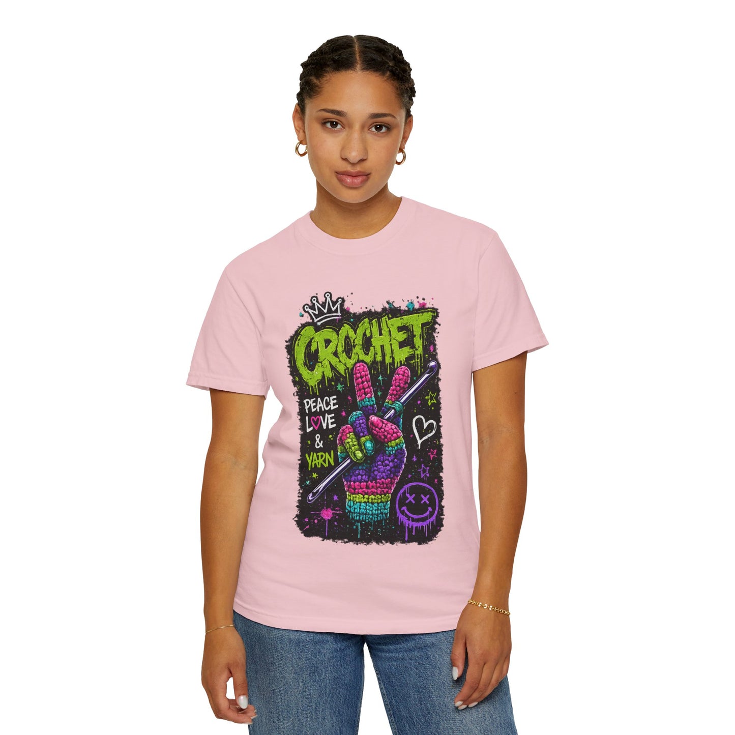 Crochet Peace Sign T-Shirt — "Crochet: Peace, Love & Yarn" Graphic Tee