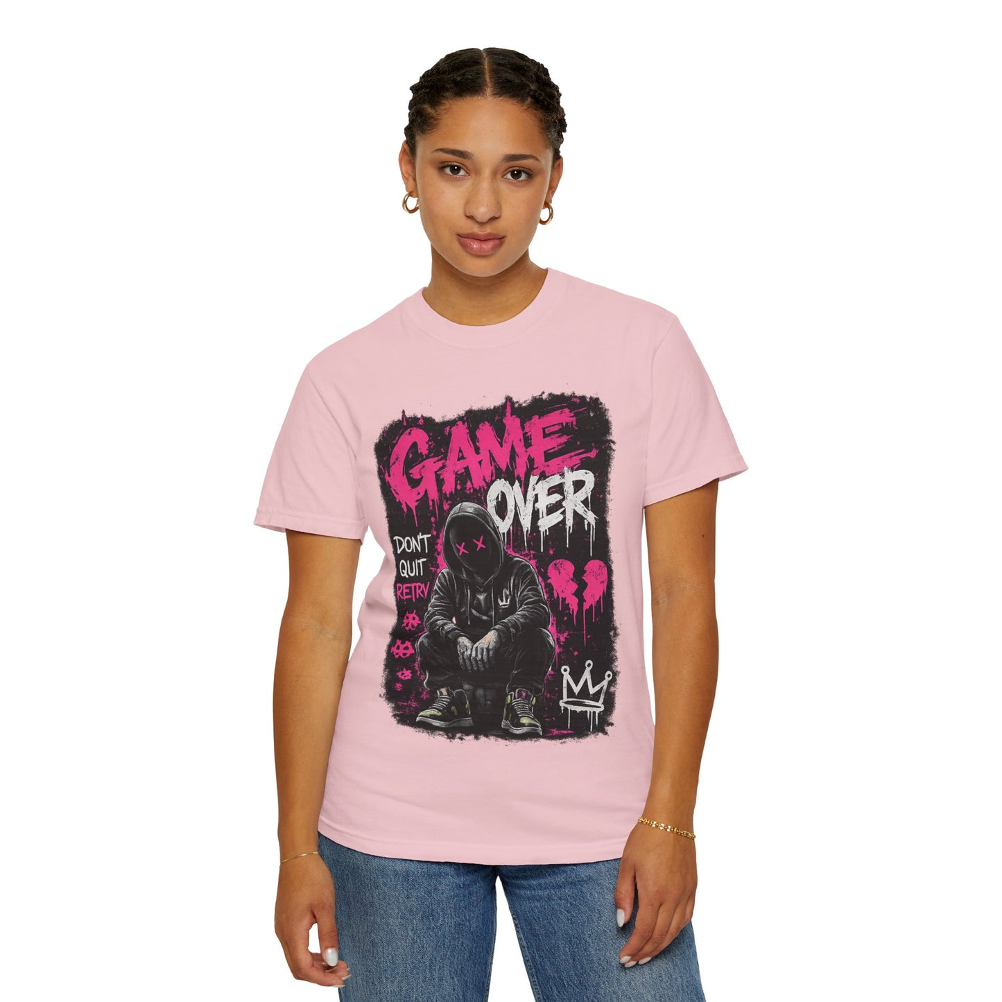 Game Over Graphic T-Shirt — Urban Streetwear Tee with Hooded Figure & 'Don't Quit, Retry' Design