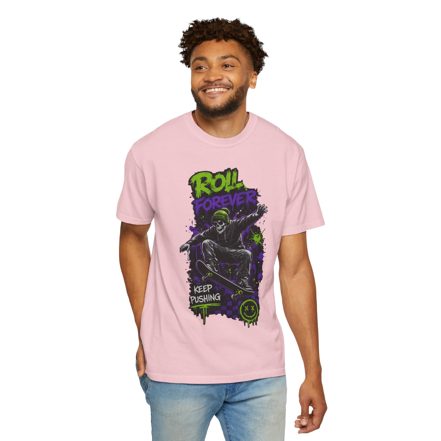 Skateboard T-Shirt — "Roll Forever / Keep Pushing" Graphic Tee