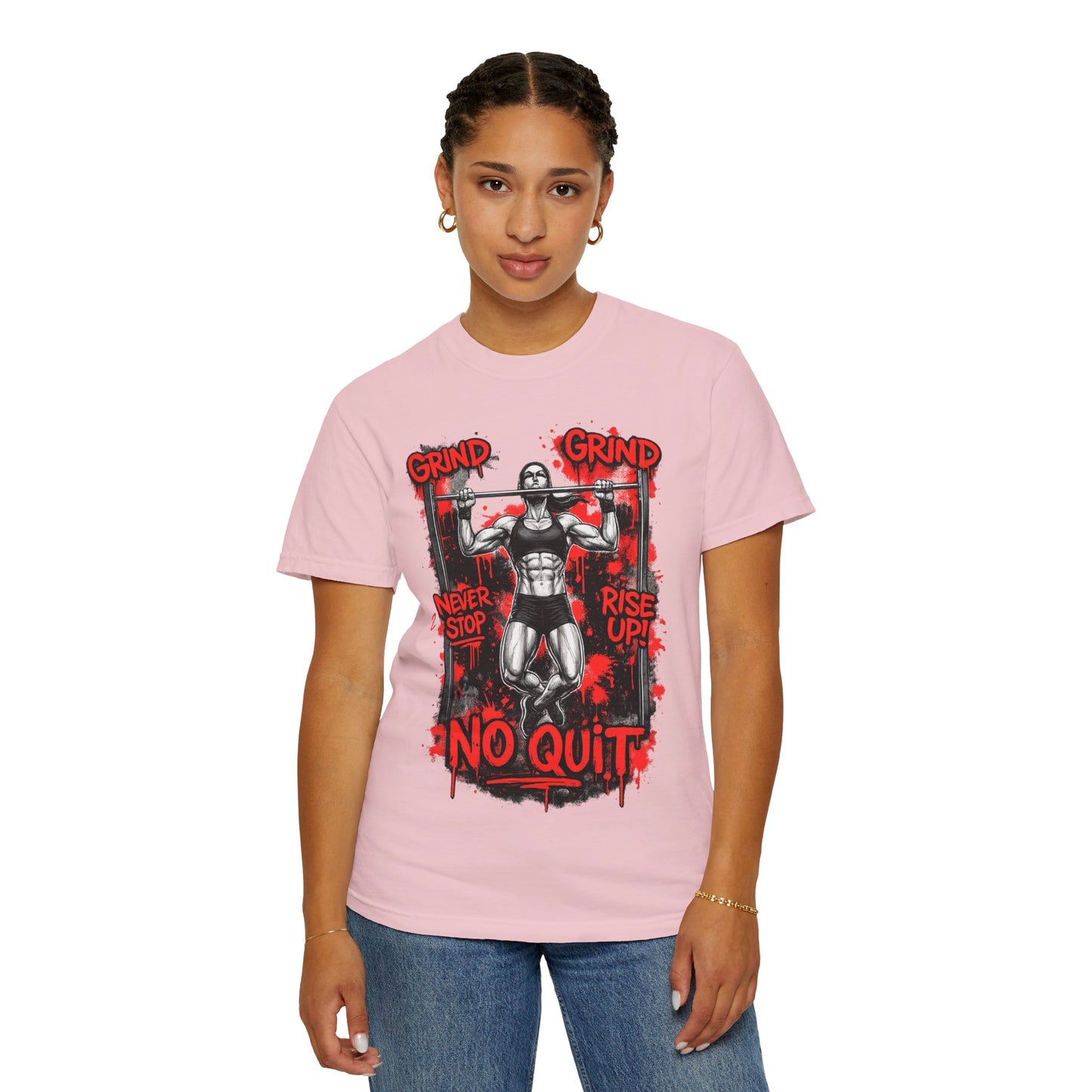 No Quit Gym T-Shirt — 'Grind, Never Stop, Rise Up' Motivational Fitness Tee