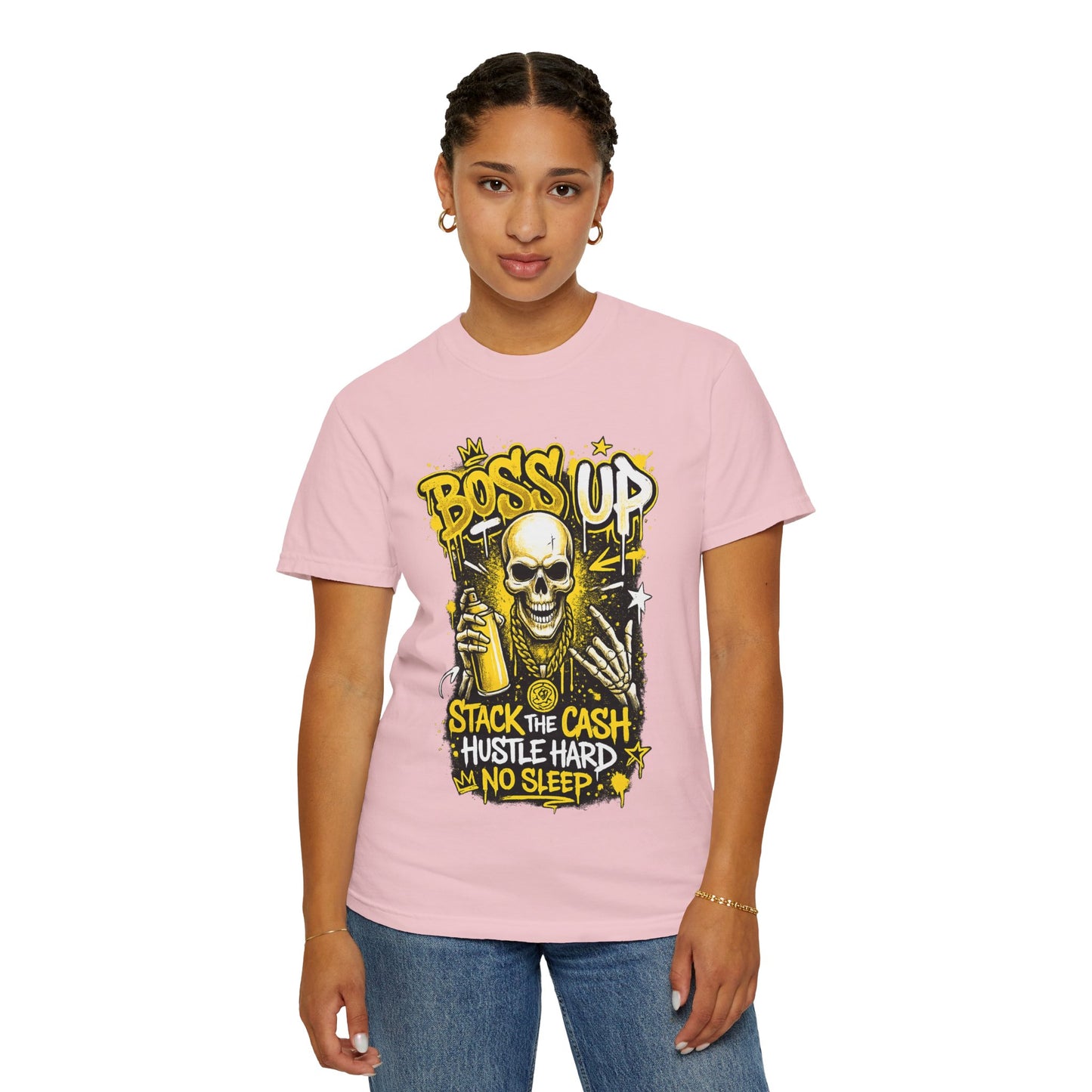 Boss Up Skull Hustle T-Shirt — "Stack the Cash, Hustle Hard, No Sleep" Graphic Tee