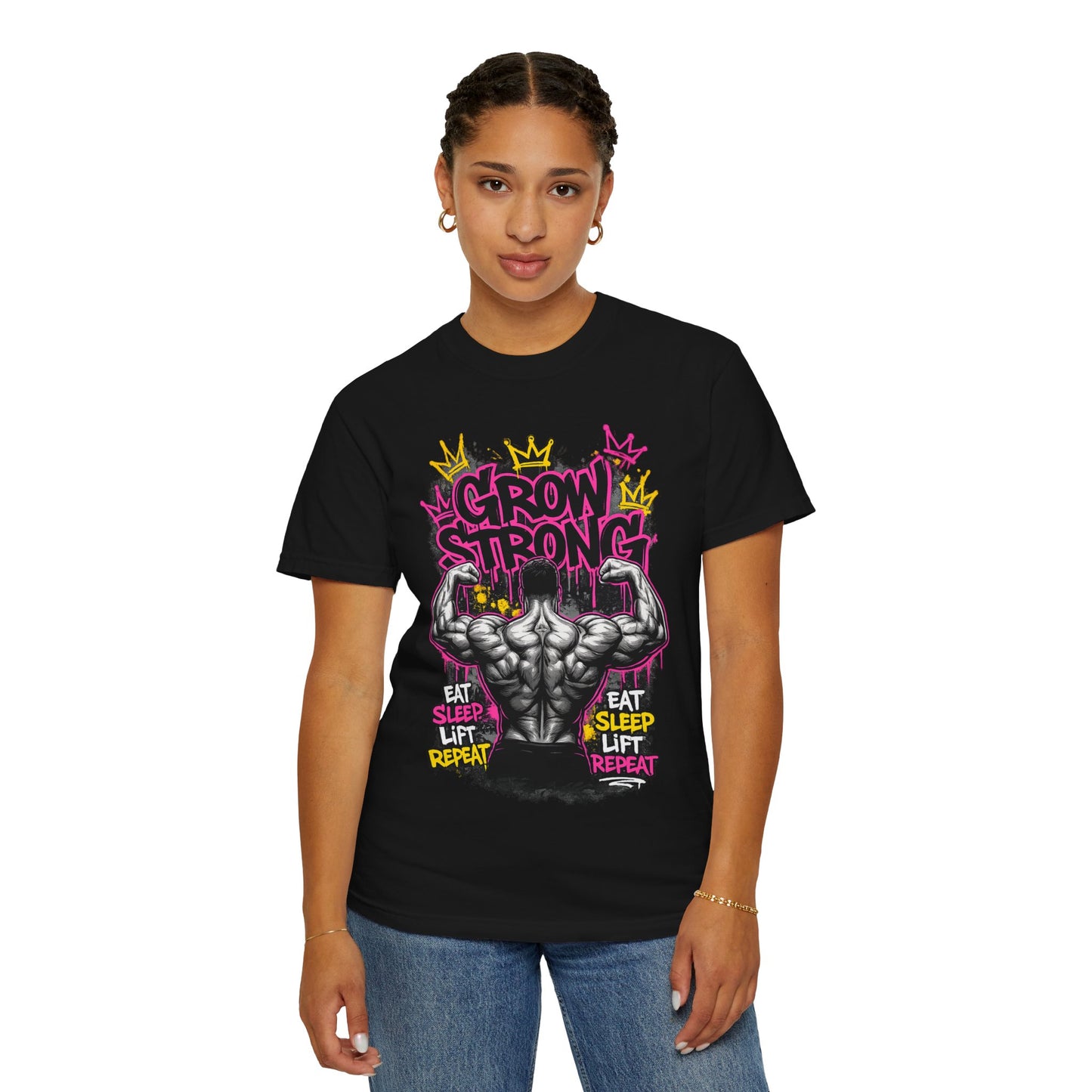 Grow Strong muscular back illustration T-shirt | Eat Sleep Lift Repeat gym tee