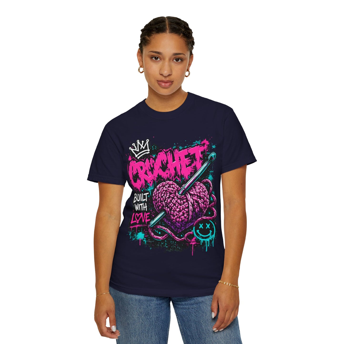 Crochet Built With Love T-Shirt — Retro Graffiti Heart Crochet Tee