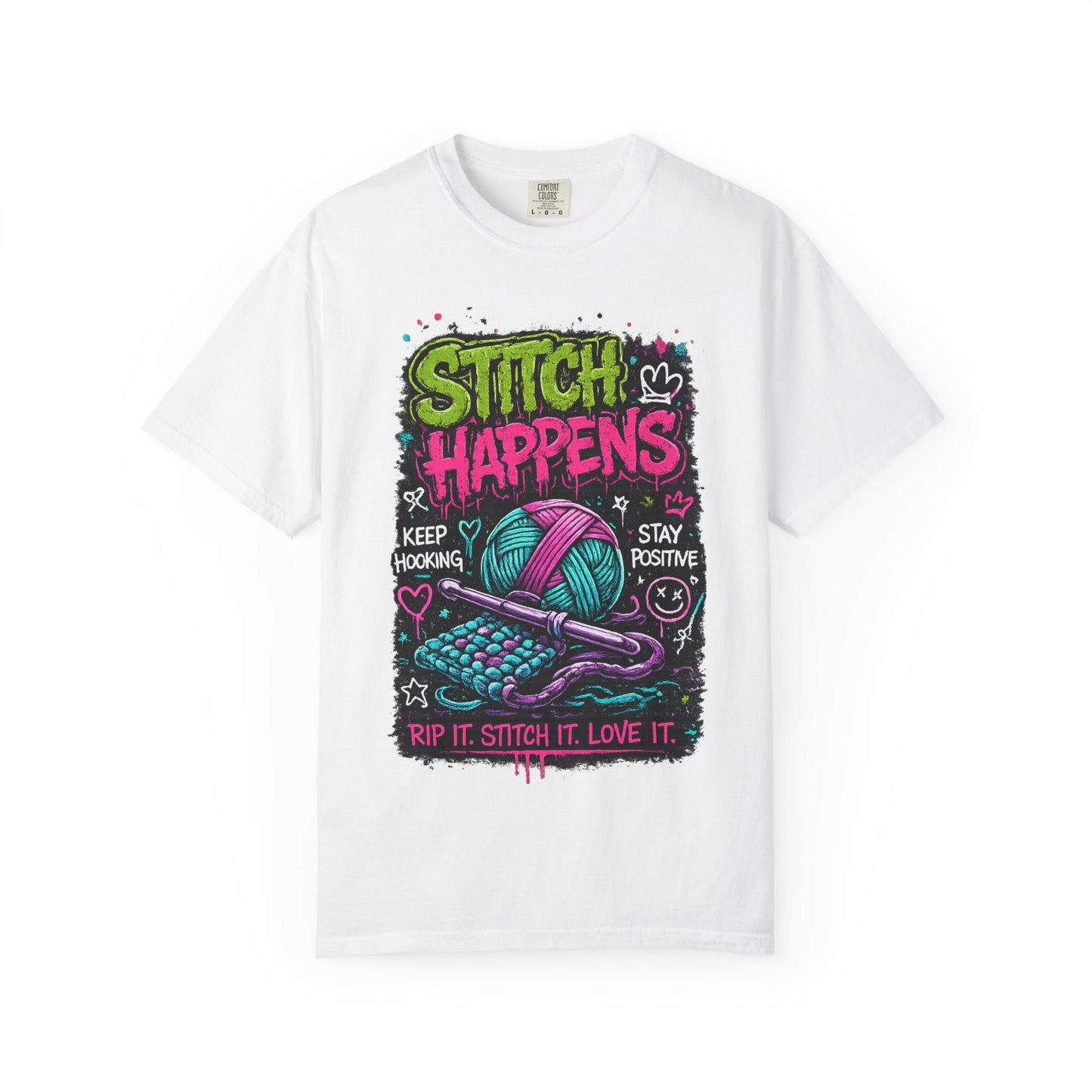 Stitch Happens T-Shirt — Funny Knitting & Crochet Graphic Tee