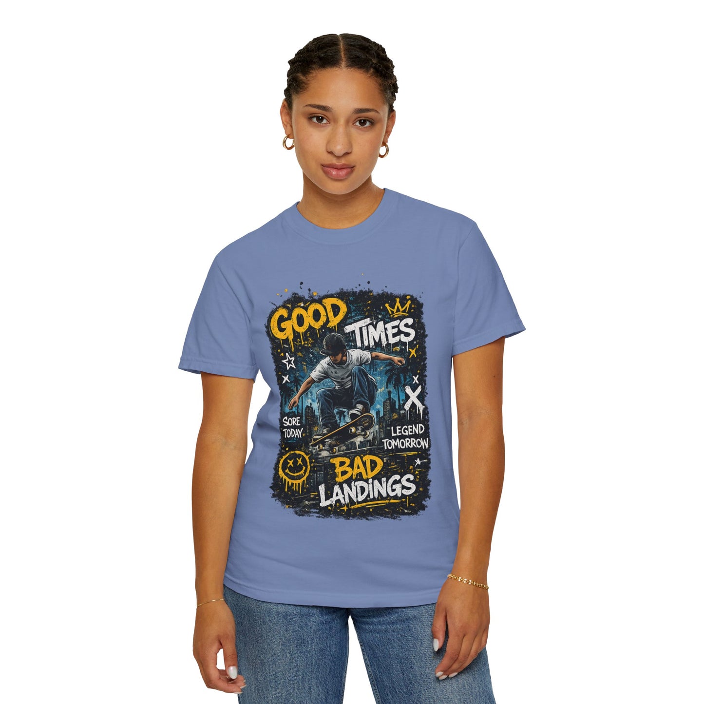 Skateboard T-Shirt — "Good Times, Bad Landings" Graphic Tee