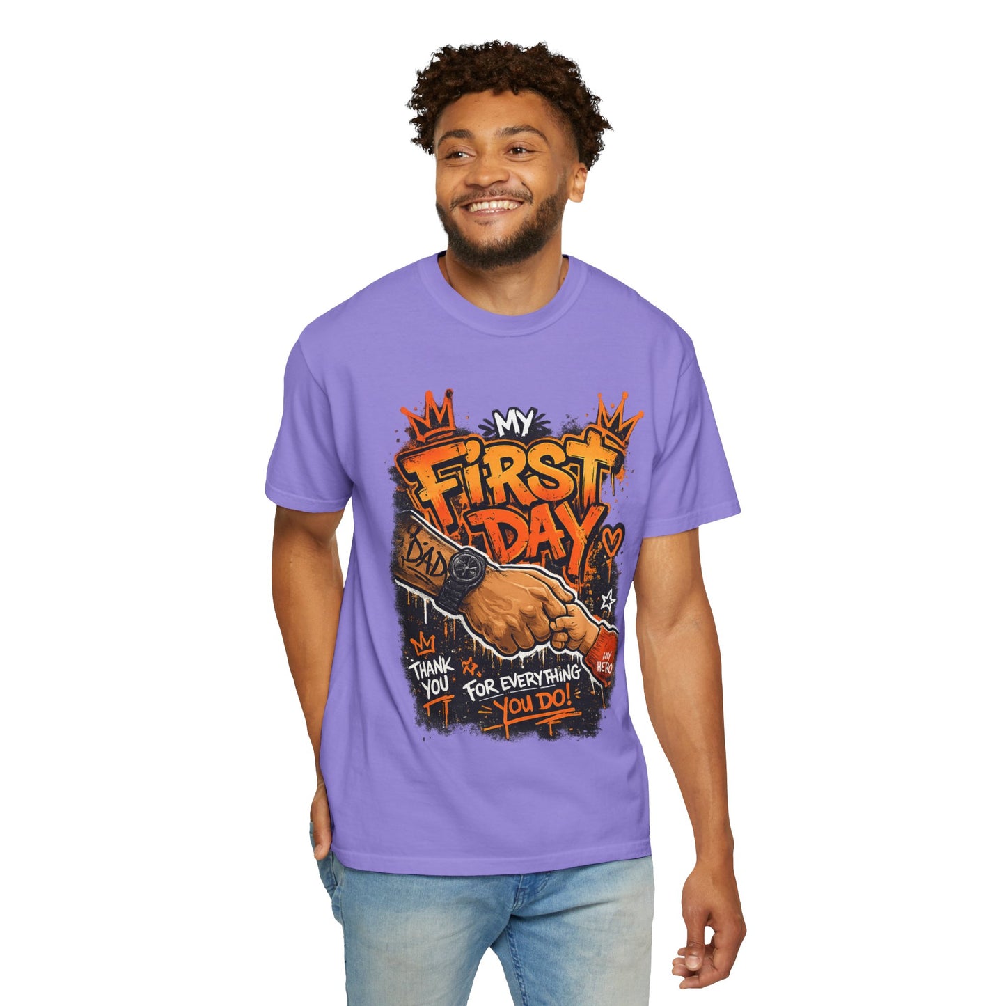 My First Day graphic T-shirt | Thank You Dad, hand shake illustration