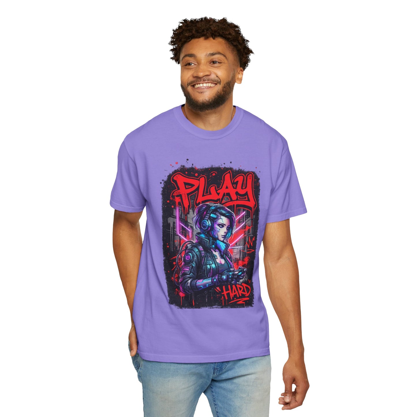 Play Hard Gamer T-Shirt — Neon Cyberpunk Video Game Tee