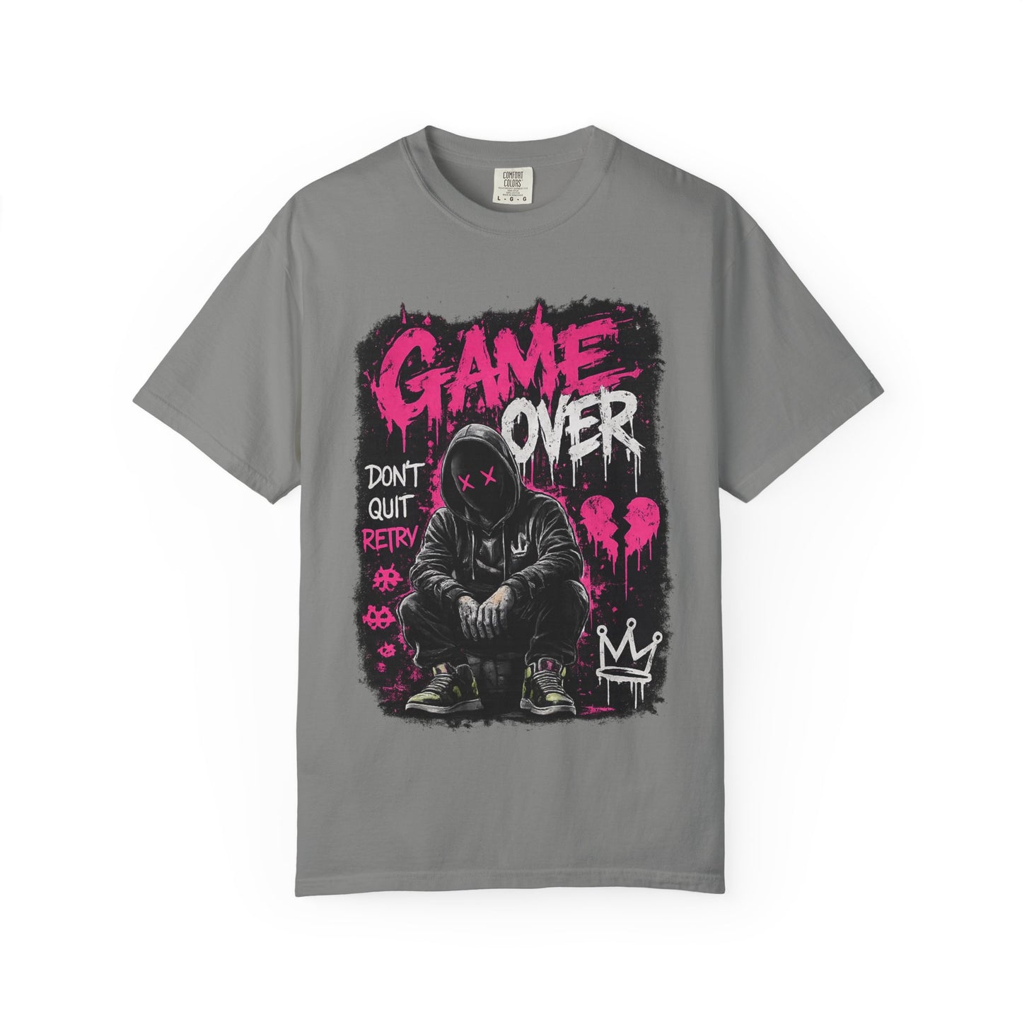 Game Over Graphic T-Shirt — Urban Streetwear Tee with Hooded Figure & 'Don't Quit, Retry' Design