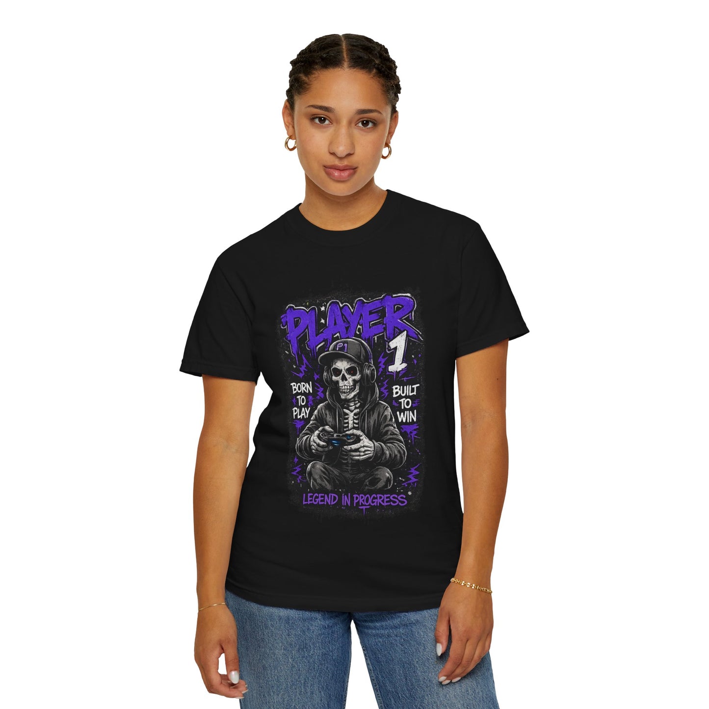 Grim Reaper Gamer Player 1 T-Shirt | Skull Skeleton Video Game Graphic