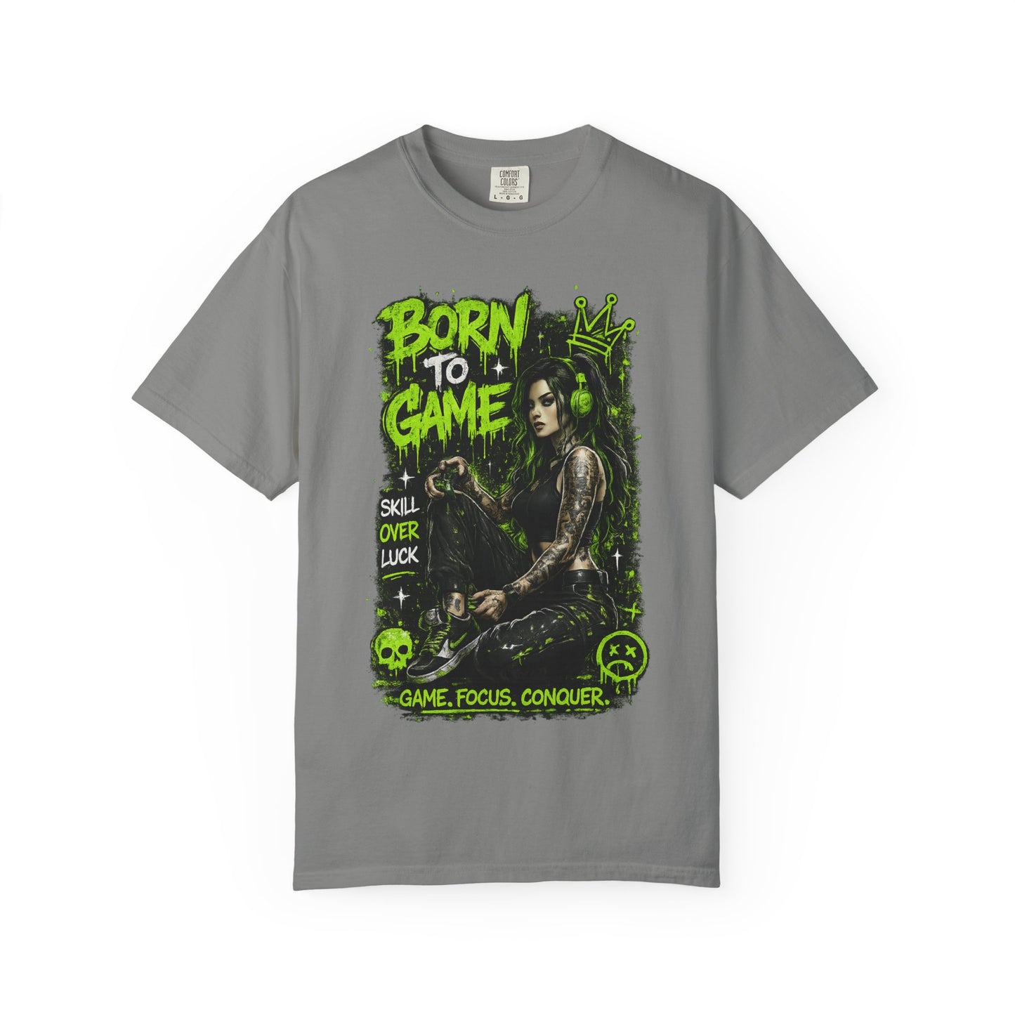 Born to Game Graphic T-Shirt — Gamer Skull & Neon Green Design