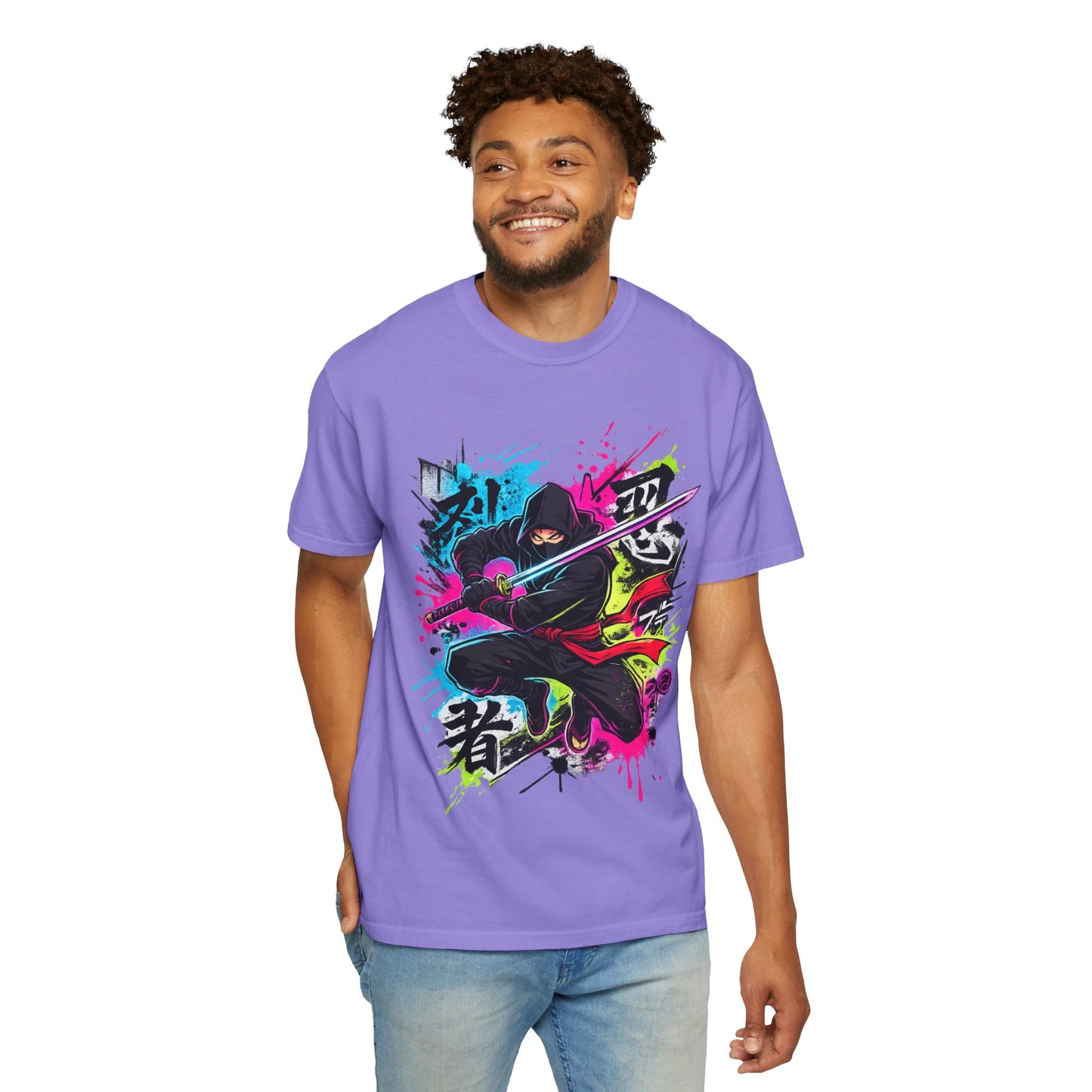 Neon Ninja Samurai T-Shirt — Vibrant Graffiti Sword Art