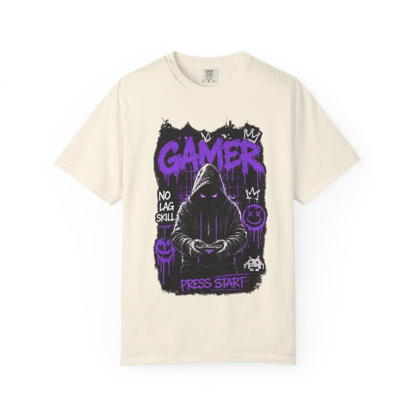 Gamer Hoodie Skull T‑Shirt — 'GAMER' Purple Graphic Press Start Tee