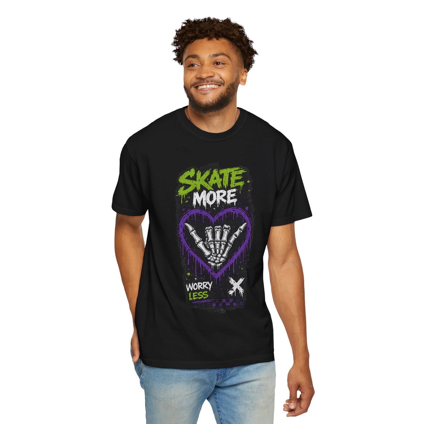 Skate More Worry Less T-Shirt — Skateboard Skeleton Hand Graphic Tee