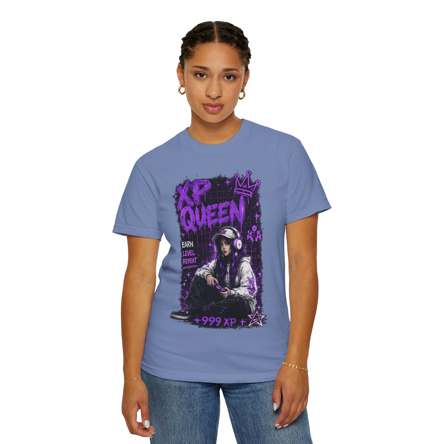 XP Queen T‑Shirt — Gamer Girl Graphic Tee (Earn Level Repeat +999 XP)