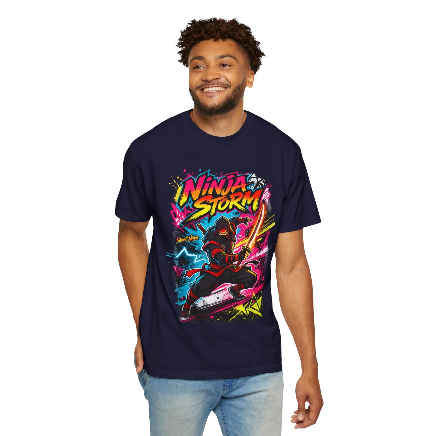 Ninja Storm Graphic T-Shirt — Neon Samurai Surf Design