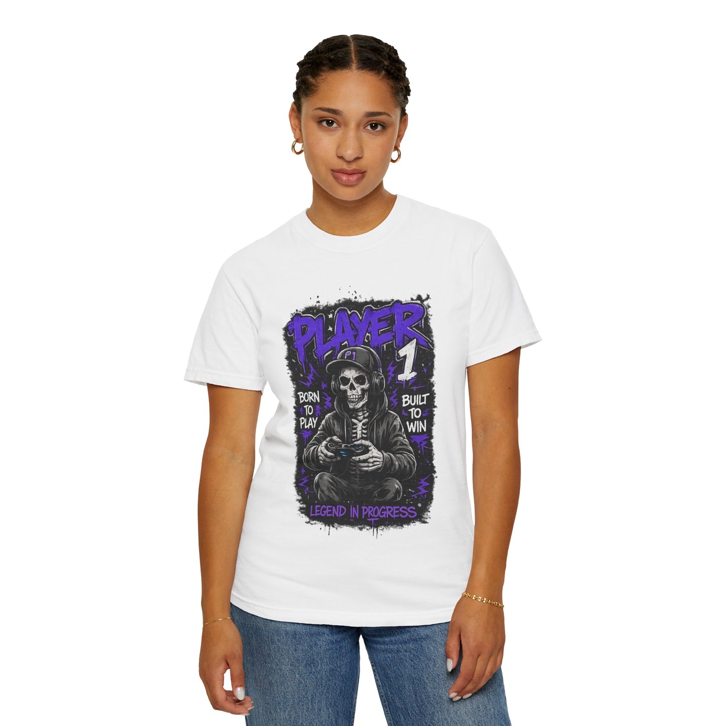 Grim Reaper Gamer Player 1 T-Shirt | Skull Skeleton Video Game Graphic