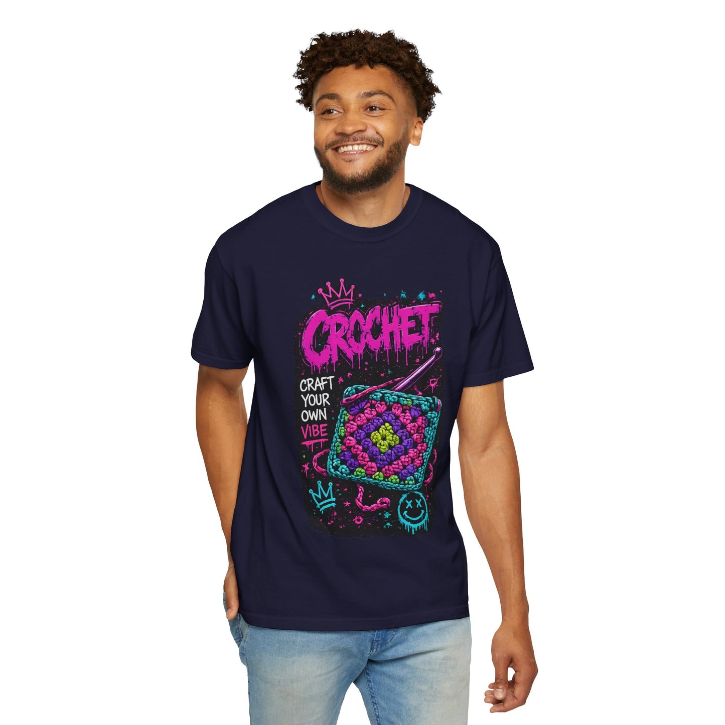 Crochet Vibes Graphic T-Shirt — "Craft Your Own Vibe" Retro Neon Crochet Design