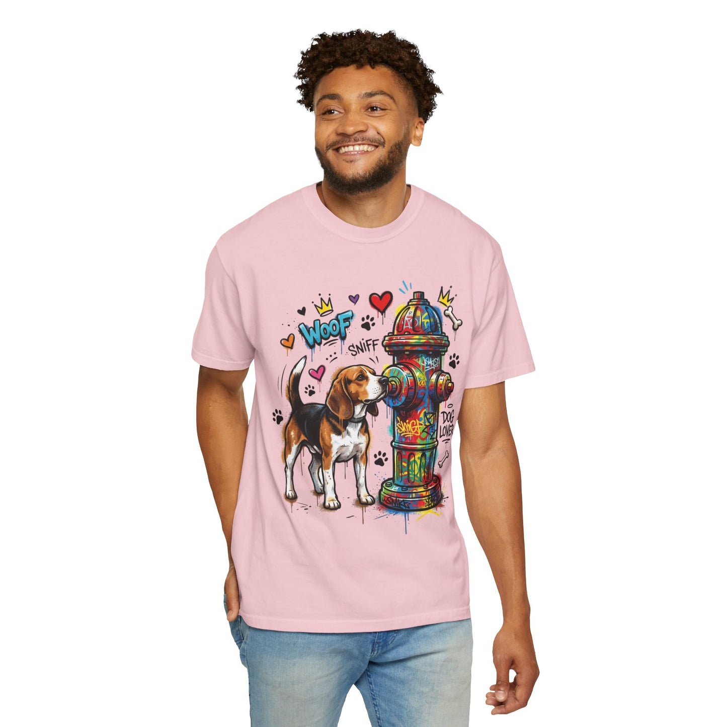 Beagle Dog Lover T-Shirt — Colorful Hydrant & 'Woof Sniff' Graphic