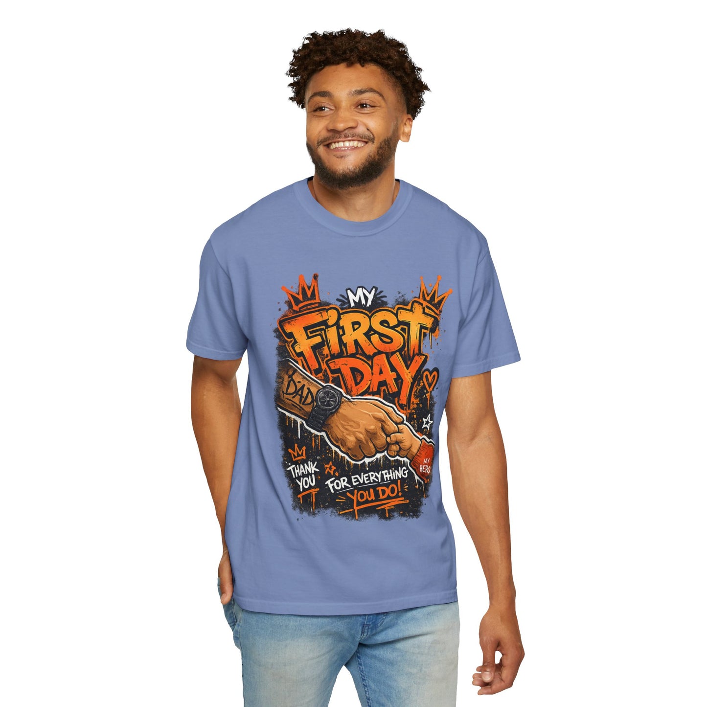 My First Day graphic T-shirt | Thank You Dad, hand shake illustration
