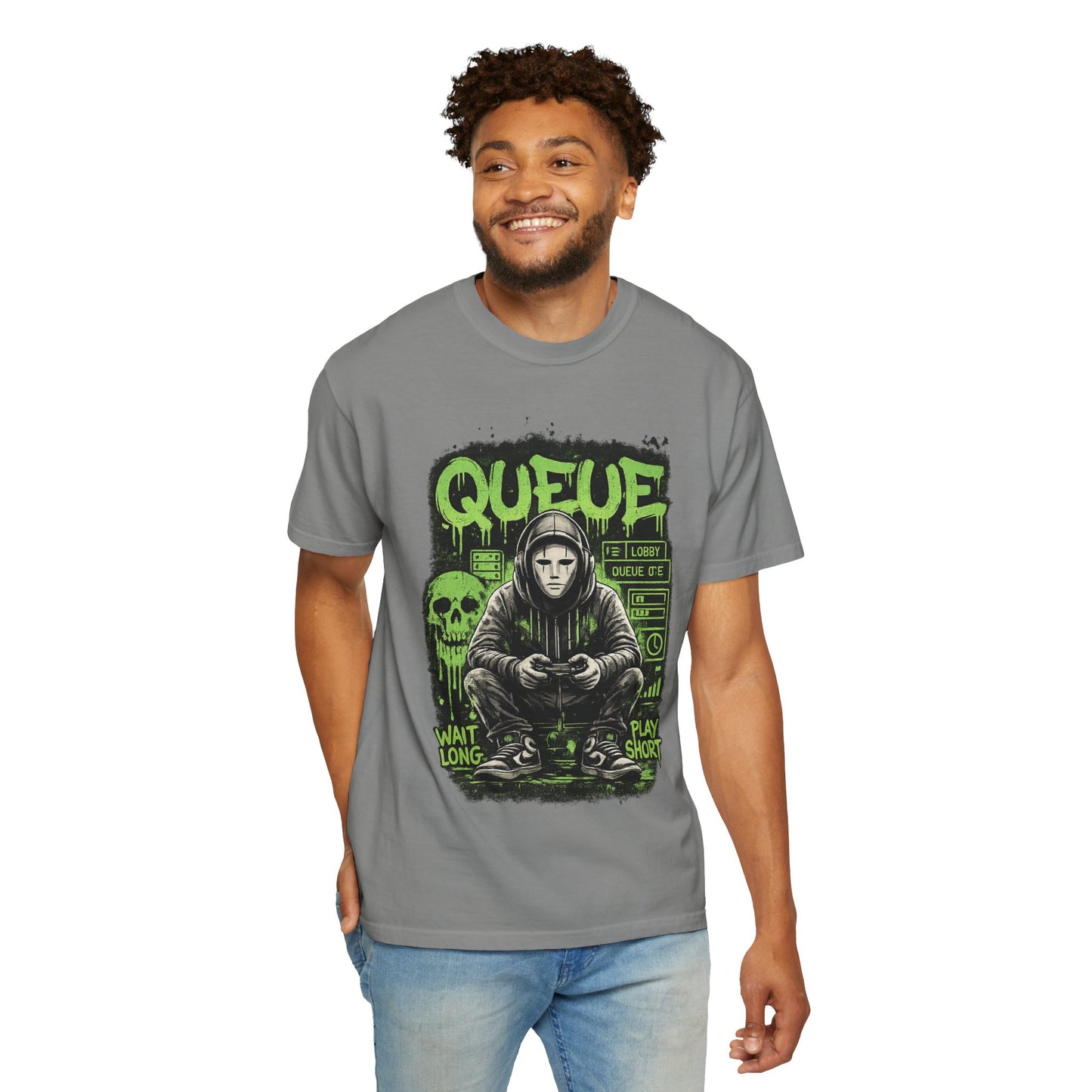 Queue Gamer Hoodie T-Shirt | Waiting Player Graphic Tee, Neon Green Skull Art