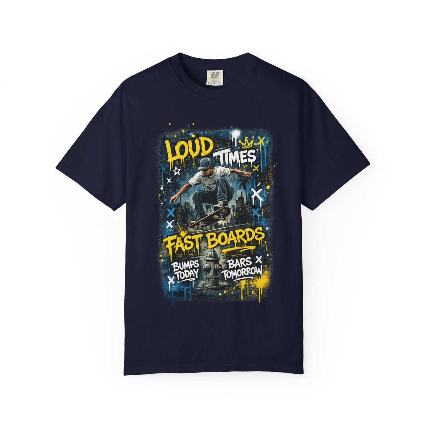 Skateboard Graphic T-Shirt — "Loud Times, Fast Boards" Vintage Skate Tee