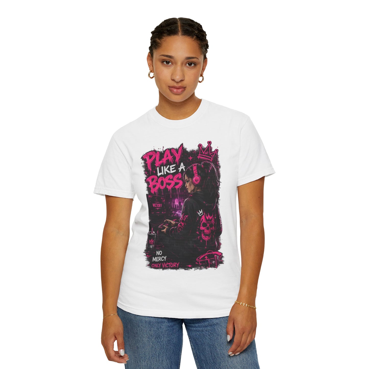 Play Like a Boss T-Shirt — Gamer Crown Graphic Tee ("No Mercy, Only Victory")