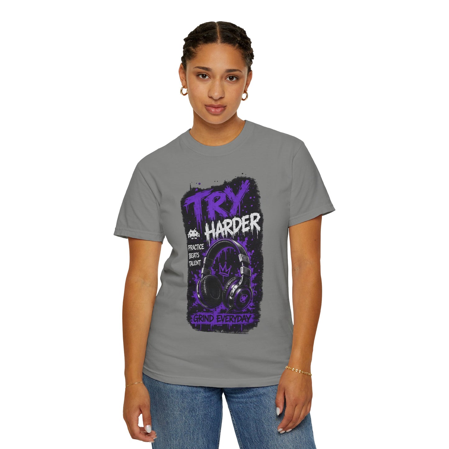 Try Harder Graphic T-Shirt — 'Try Harder' Headphones Motivational Tee