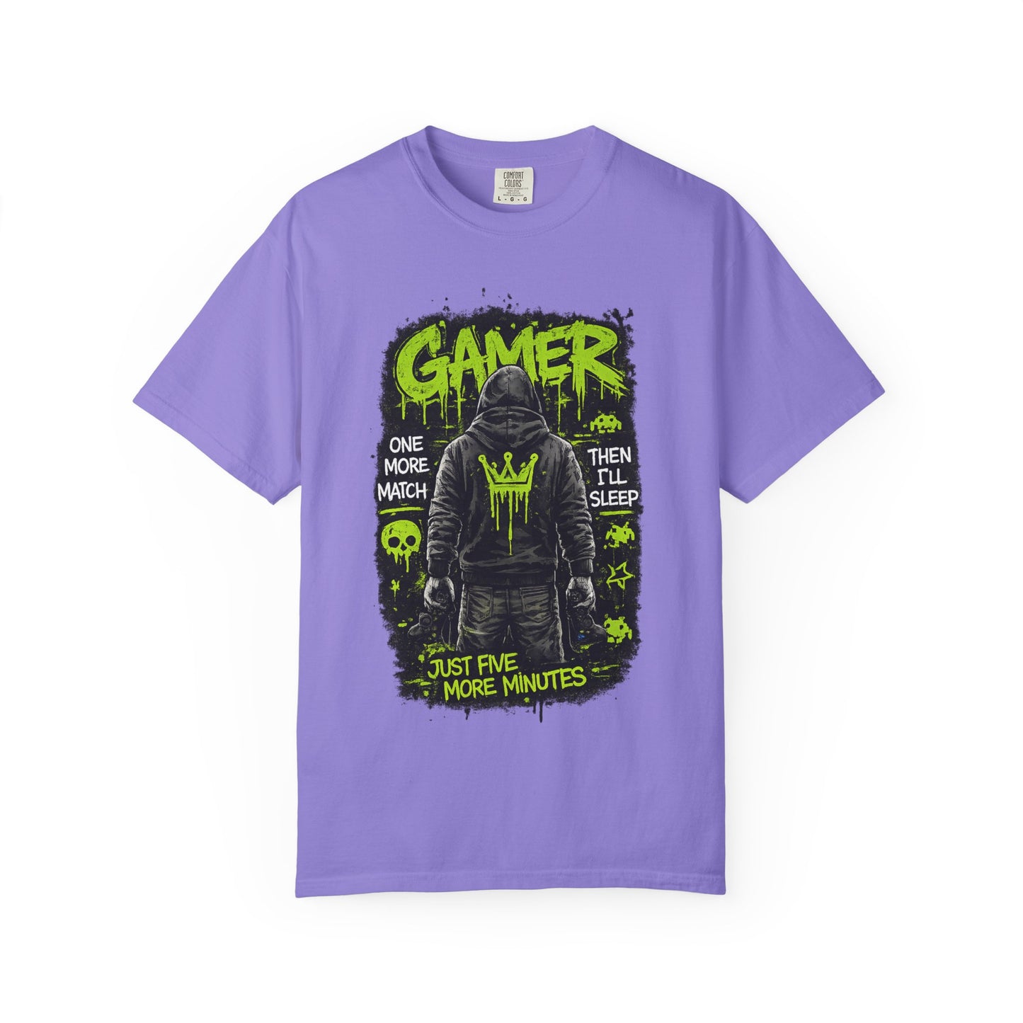 Gamer Hoodie-Style Graphic T-Shirt | Neon Green Skull, 'Just Five More Minutes'