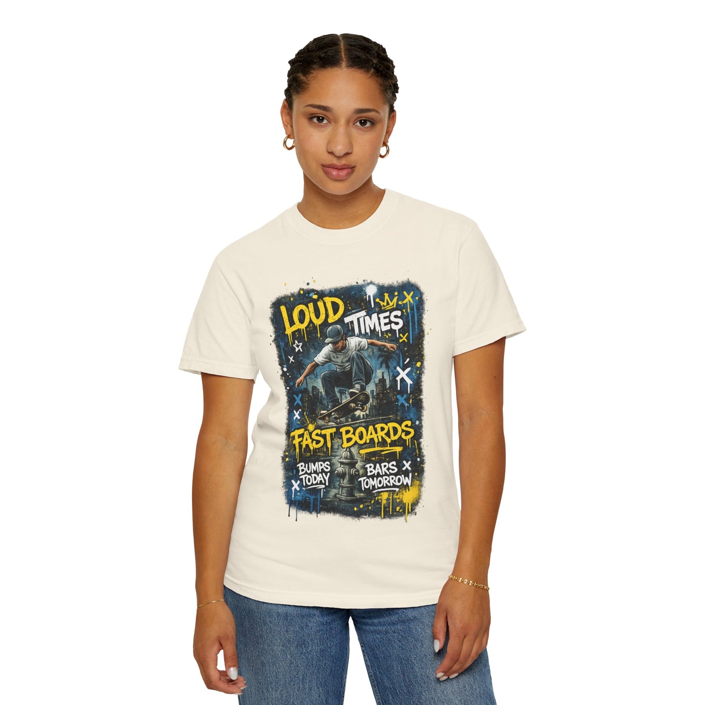 Skateboard Graphic T-Shirt — "Loud Times, Fast Boards" Vintage Skate Tee