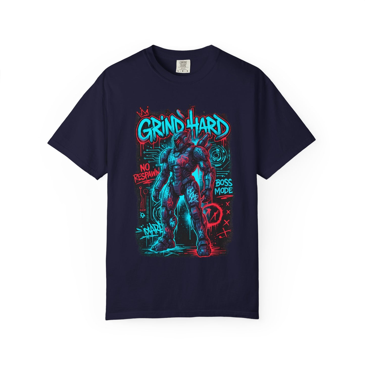 Grind Hard Gamer Warrior T-shirt | Neon Retro Gym Graphic