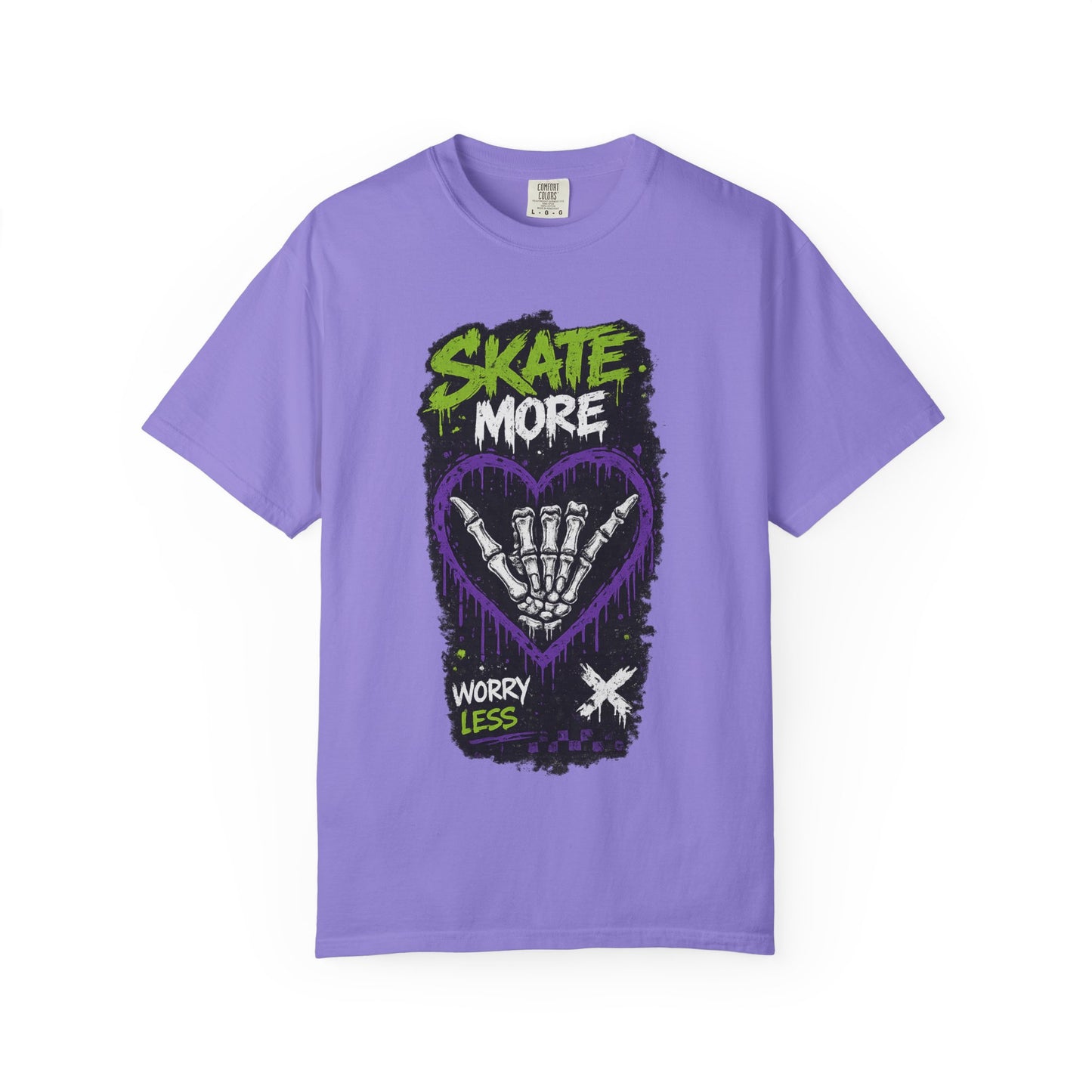 Skate More Worry Less T-Shirt — Skateboard Skeleton Hand Graphic Tee