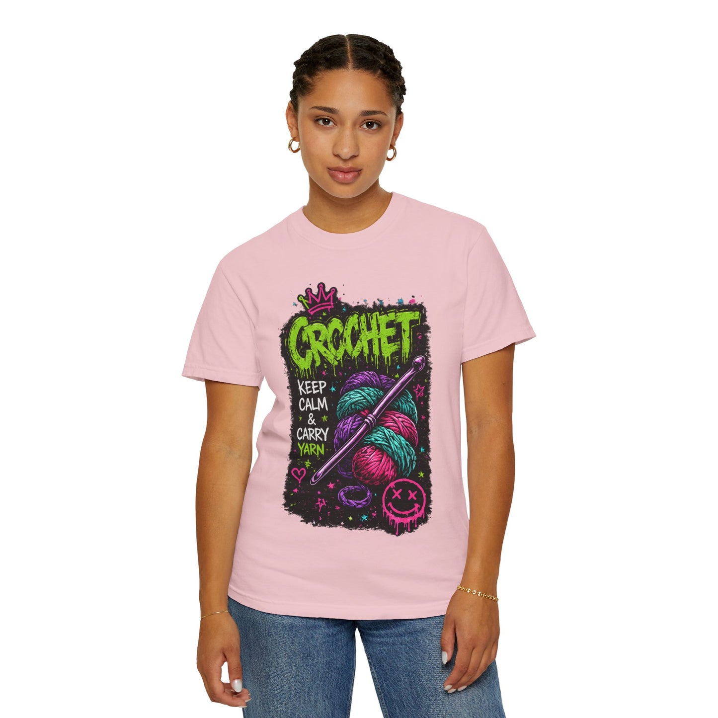 Crochet Keep Calm T-Shirt — Neon Yarn Graphic Tee for Crafters