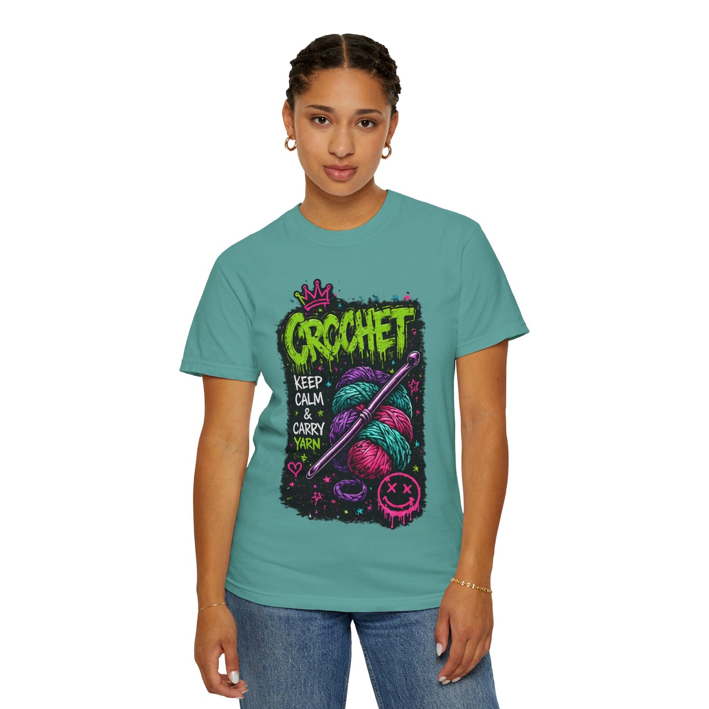 Crochet Keep Calm T-Shirt — Neon Yarn Graphic Tee for Crafters