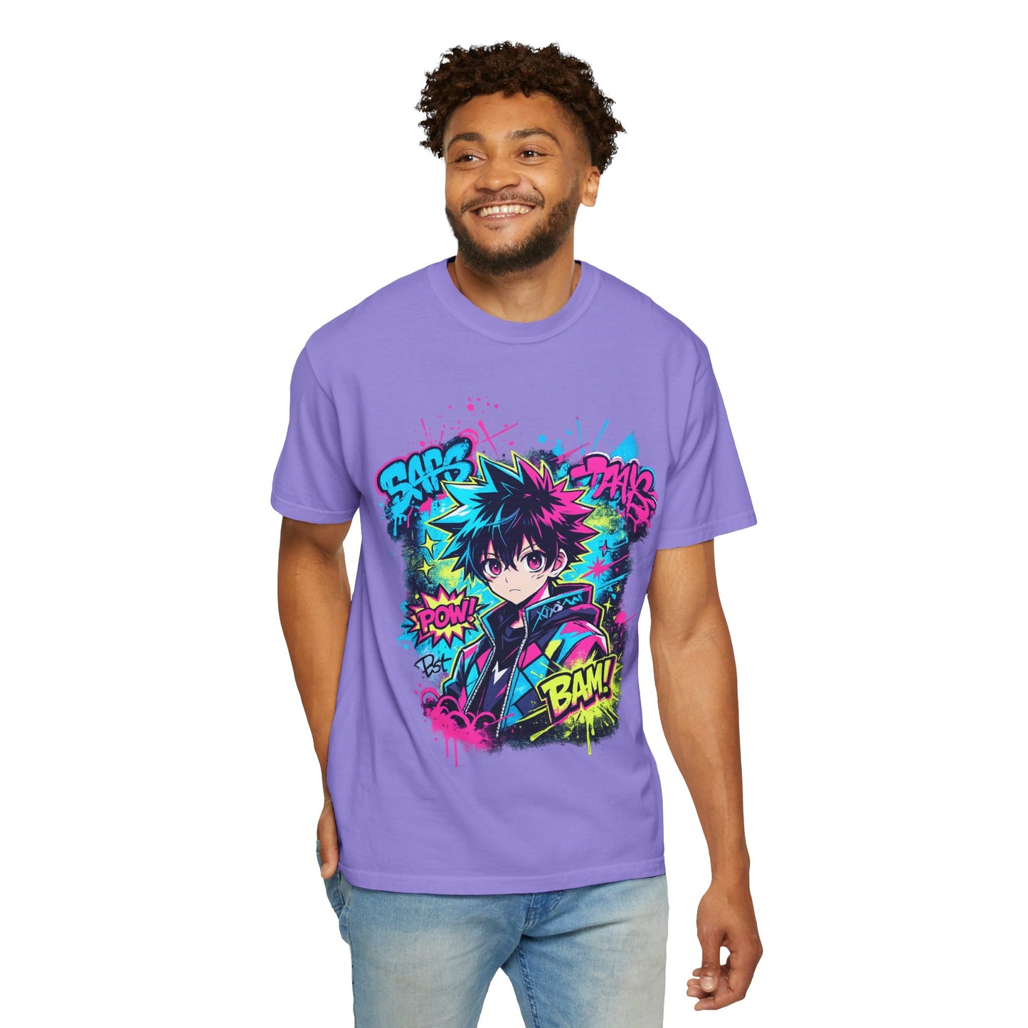 Anime Comic Boy Graphic T-Shirt — Neon Manga "BAM!" Design