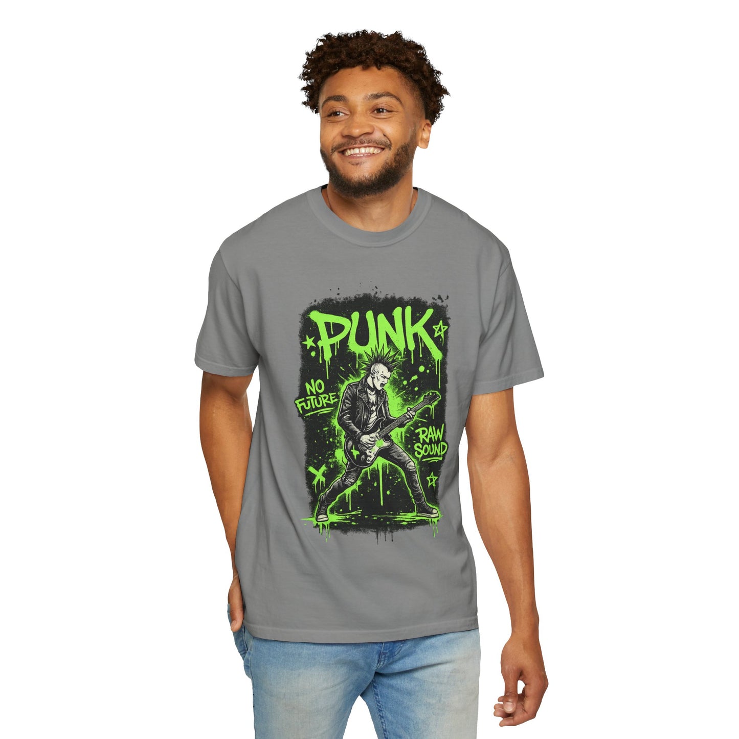 Punk Guitarist Graphic T-Shirt — “PUNK: No Future, Raw Sound” Neon Green Band Tee