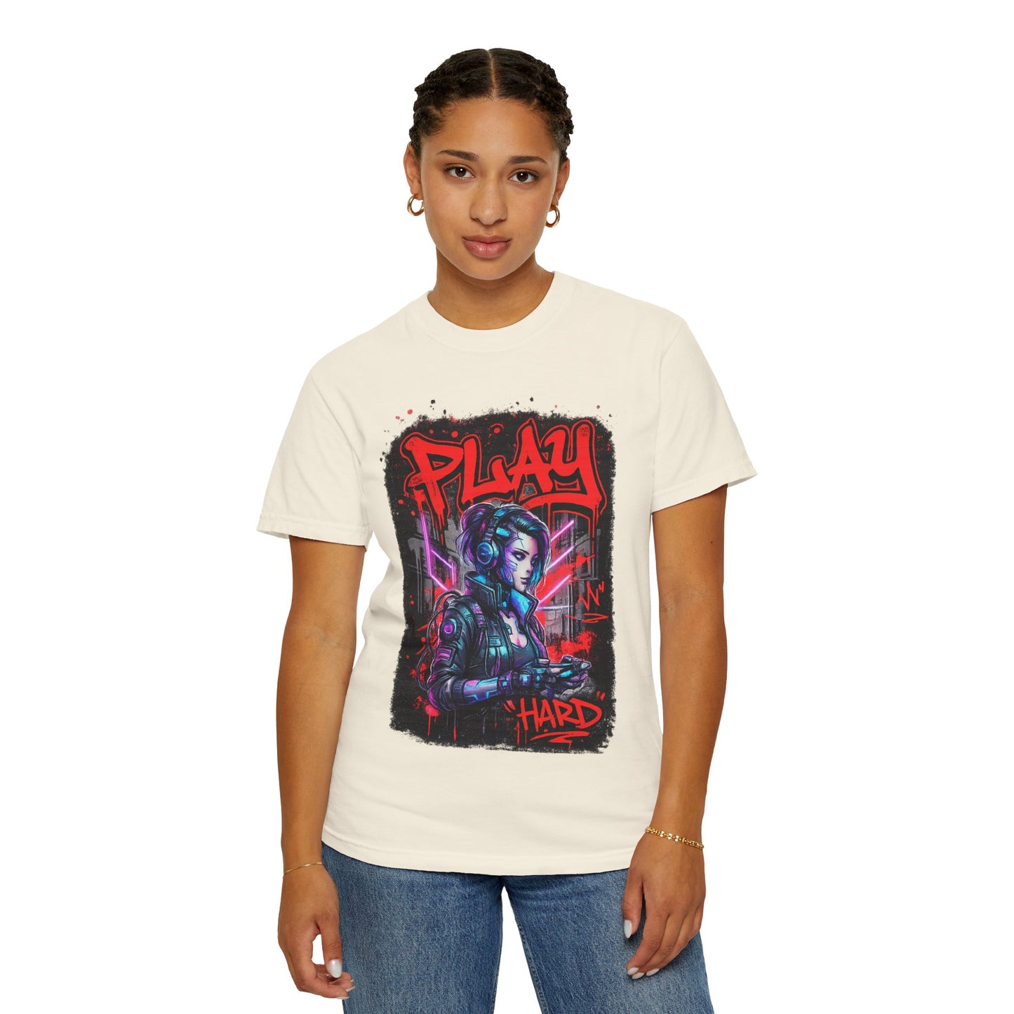 Play Hard Gamer T-Shirt — Neon Cyberpunk Video Game Tee