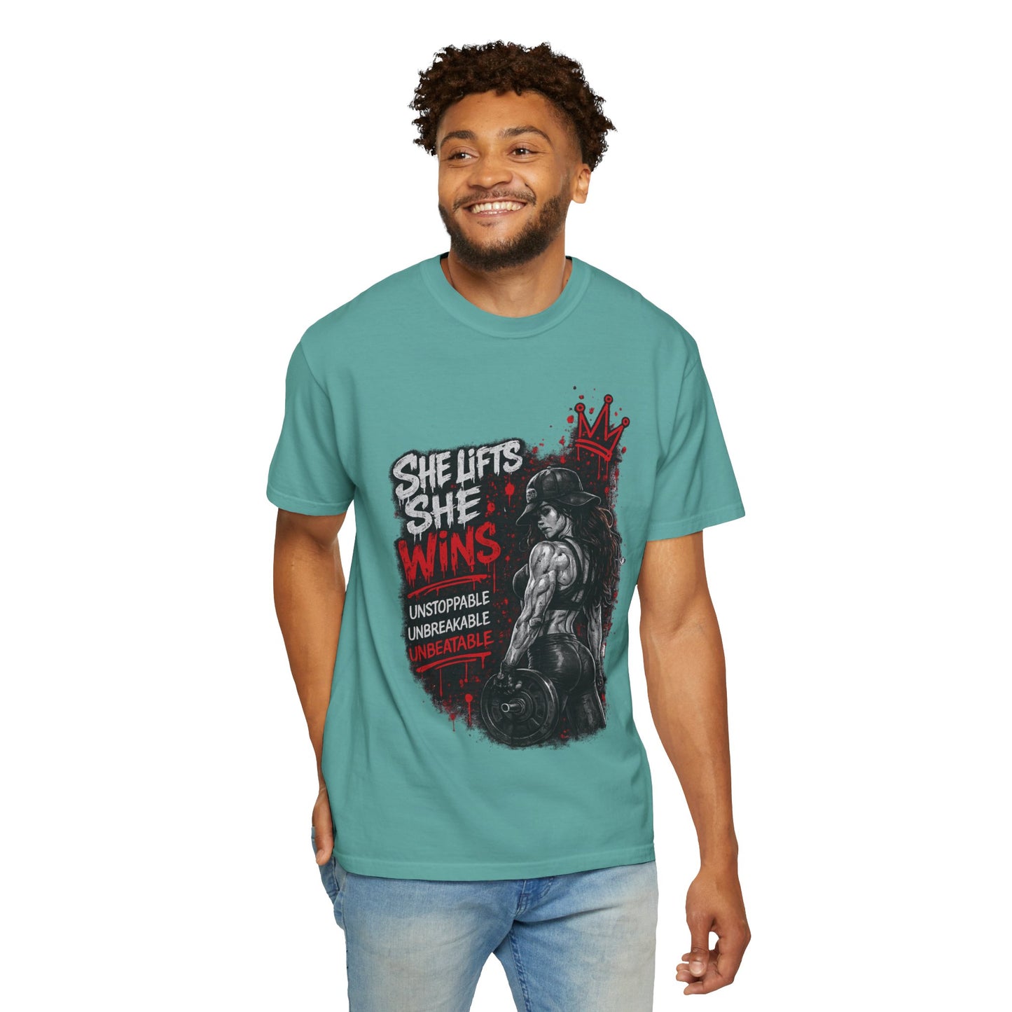 She Lifts She Wins T-Shirt — Women’s Strength Fitness Graphic Tee