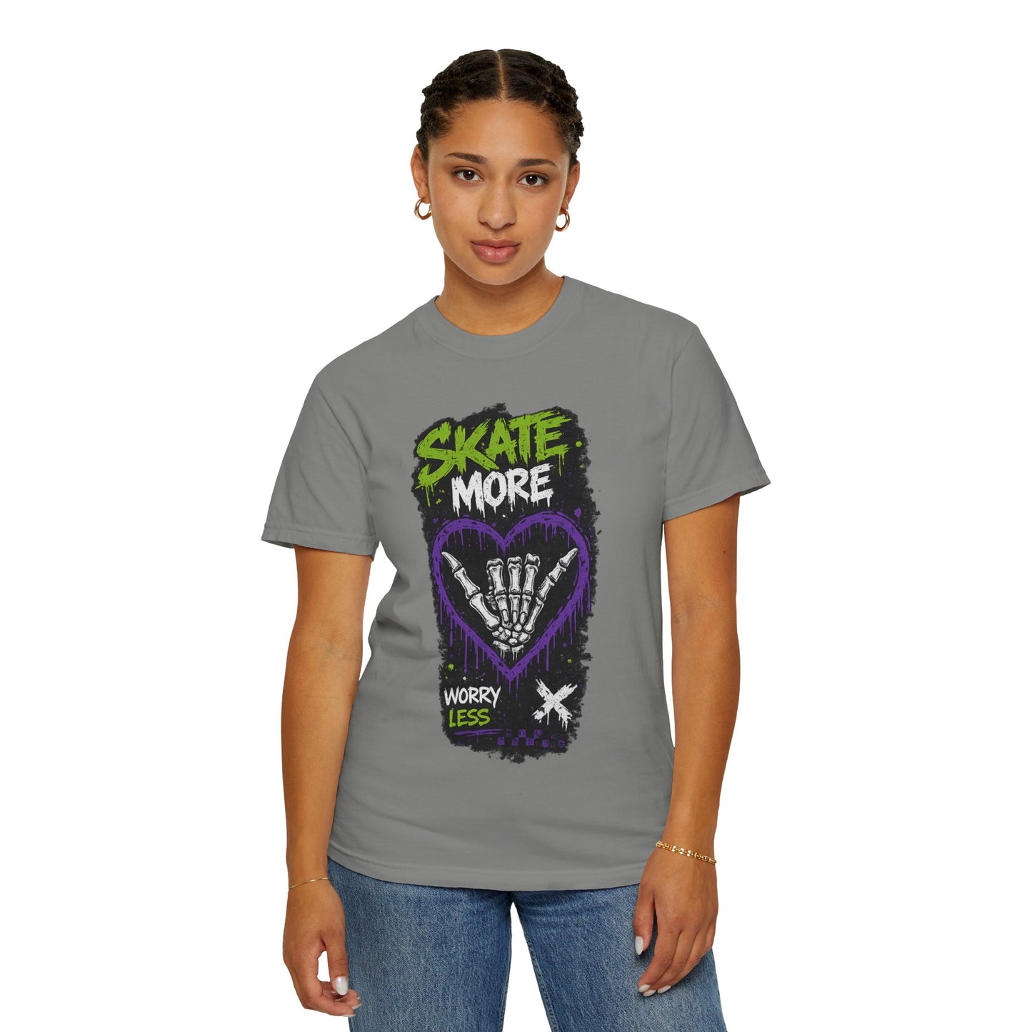 Skate More Worry Less T-Shirt — Skateboard Skeleton Hand Graphic Tee