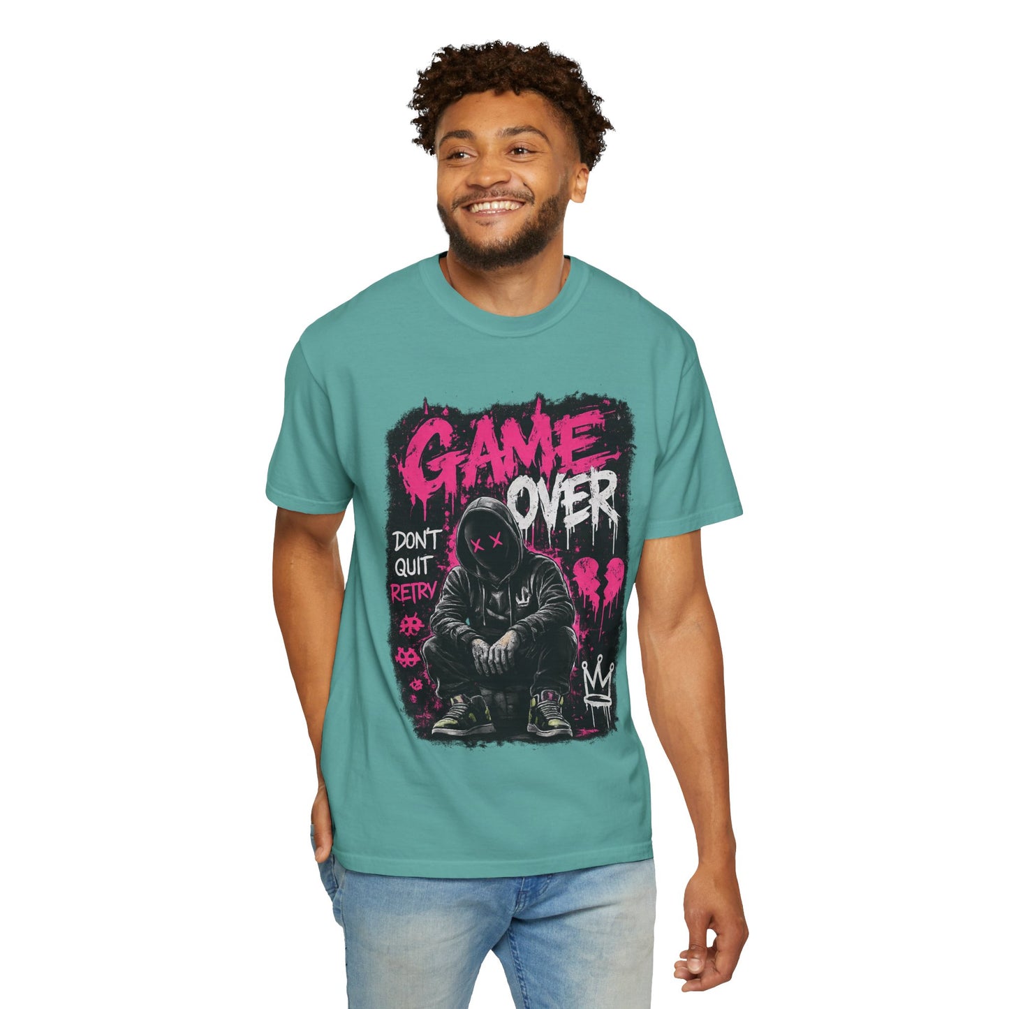 Game Over Graphic T-Shirt — Urban Streetwear Tee with Hooded Figure & 'Don't Quit, Retry' Design