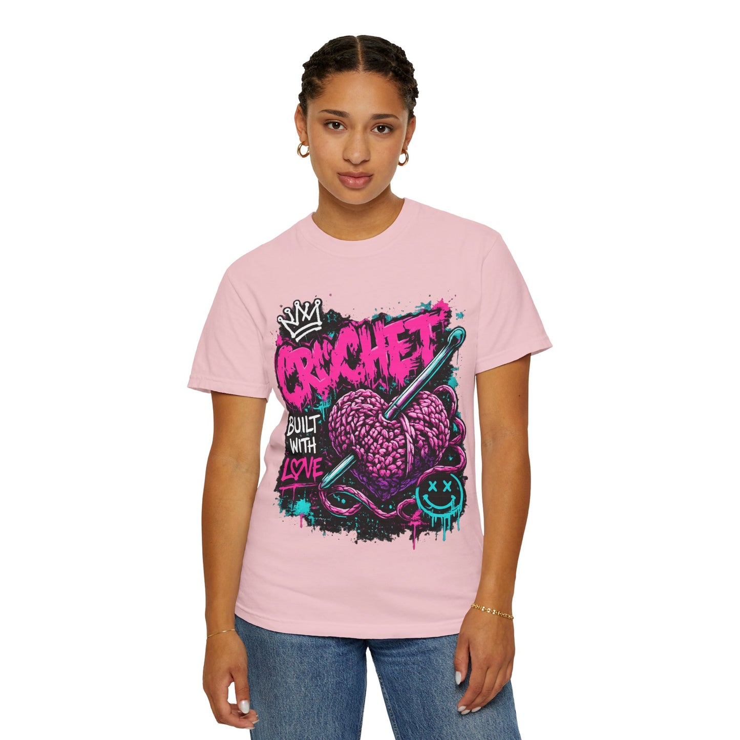 Crochet Built With Love T-Shirt — Retro Graffiti Heart Crochet Tee