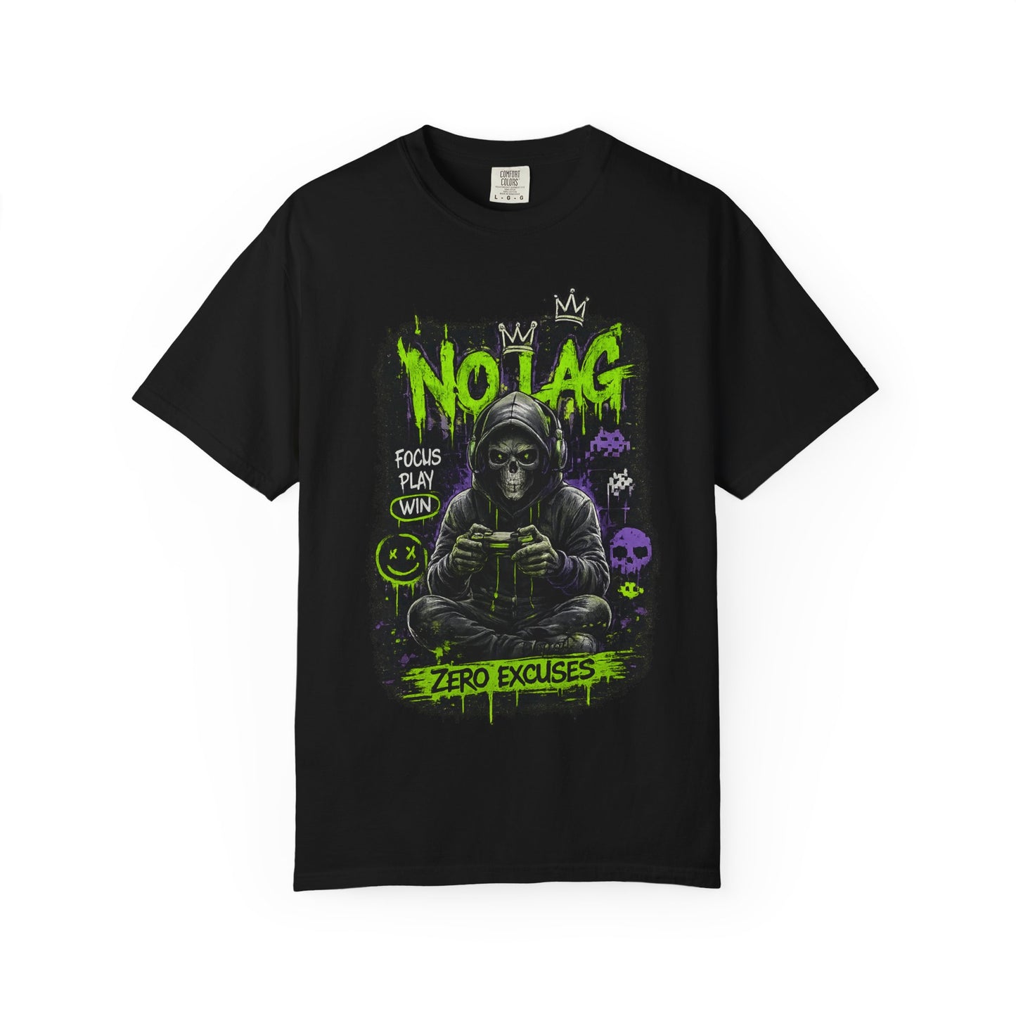 No Lag Gamer T-Shirt — “Zero Excuses” Neon Skull Gaming Tee