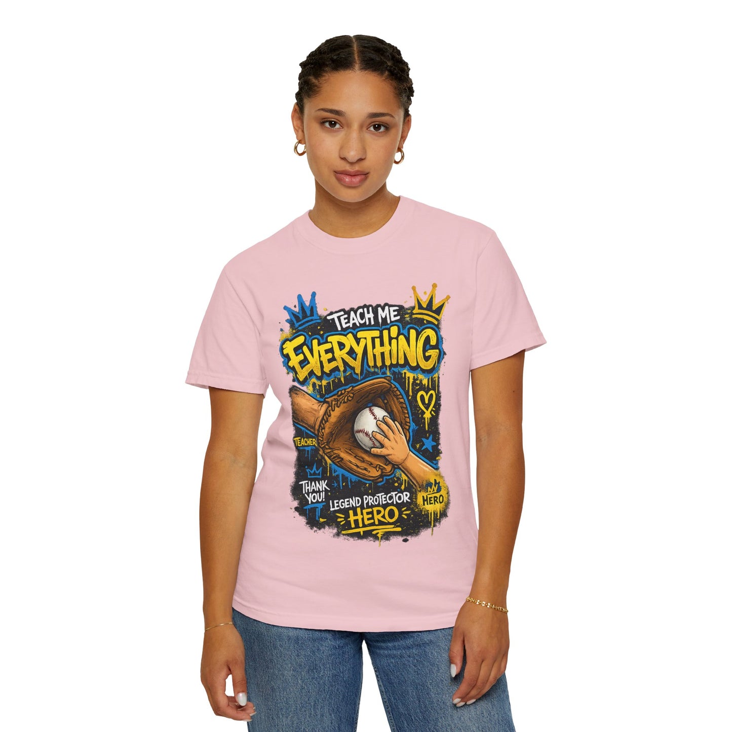 Teach Me Everything baseball glove and ball T-Shirt | Teacher coach appreciation graphic tee