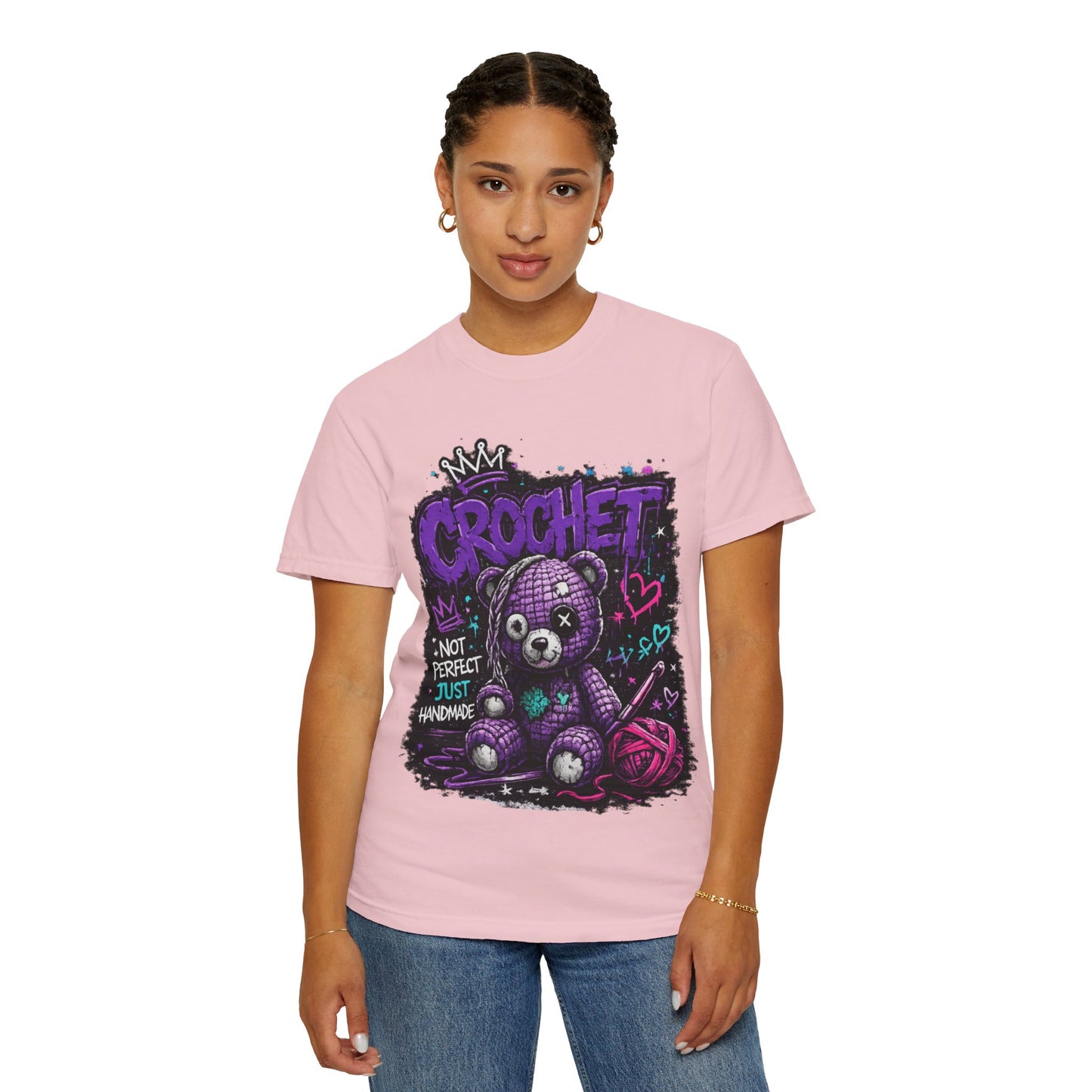 Crochet Teddy T-Shirt — "Not Perfect Just Handmade" Graphic Tee