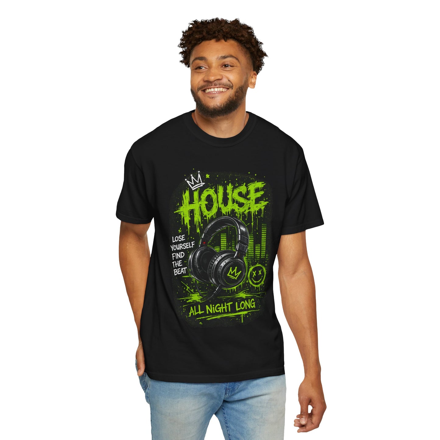 House Music Headphones T-Shirt — "House All Night Long" DJ Tee